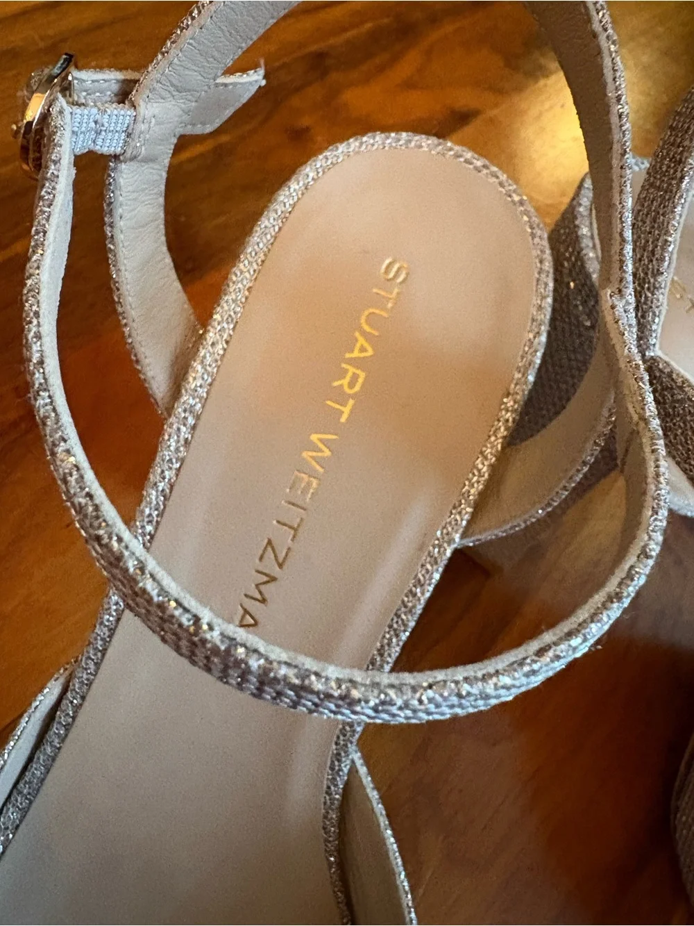 Stuart Weitzman Glittery Gold Dayna II Platform Sandals with Ankle Strap, NEW